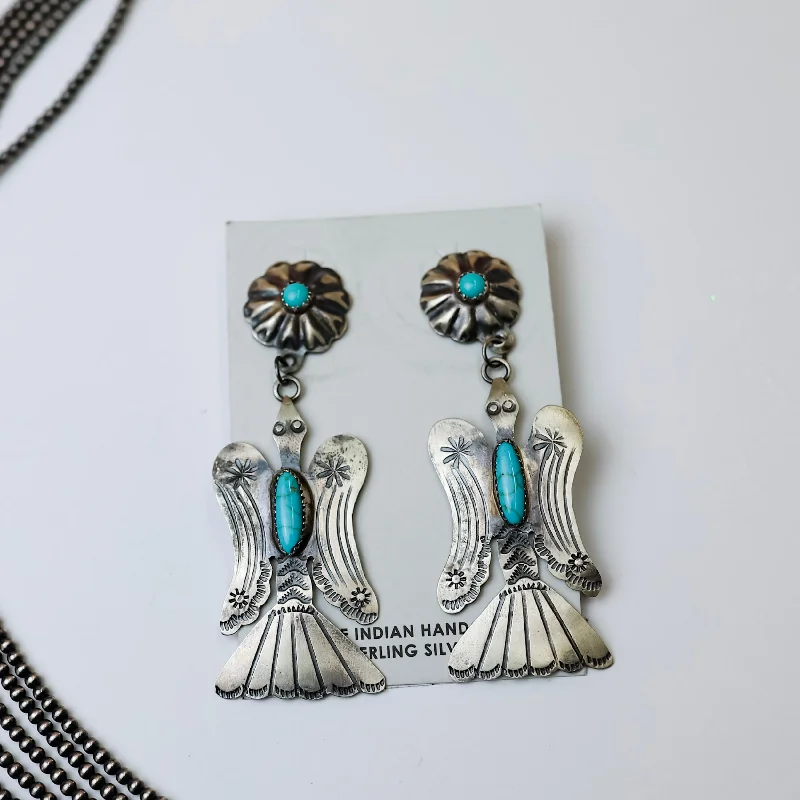 Customizable Earrings-Tim Yazzie | Navajo Handmade Sterling Silver with Turquoise Stones Thunderbird Dangle Earrings