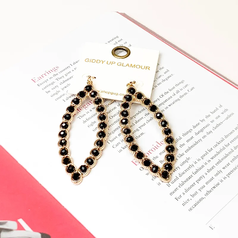 Omega Back Earrings-Gold Tone Wire Ellipse Earrings with Black Crystal Beads