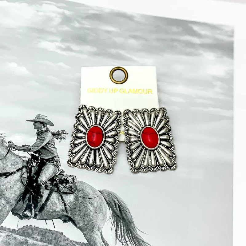 Tribal Earrings-Western Flare Silver Tone Rectangle Earrings With Stone in Red