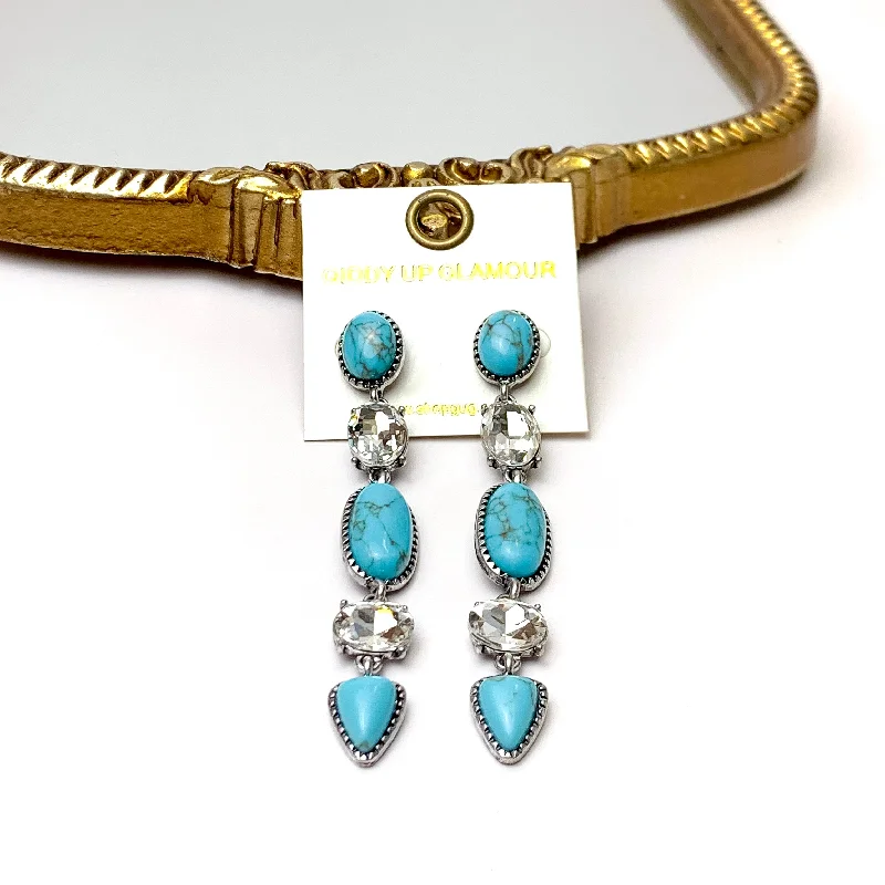 Gold Earrings-5 Tier Faux Turquoise and Clear Crystal Dangle Earrings