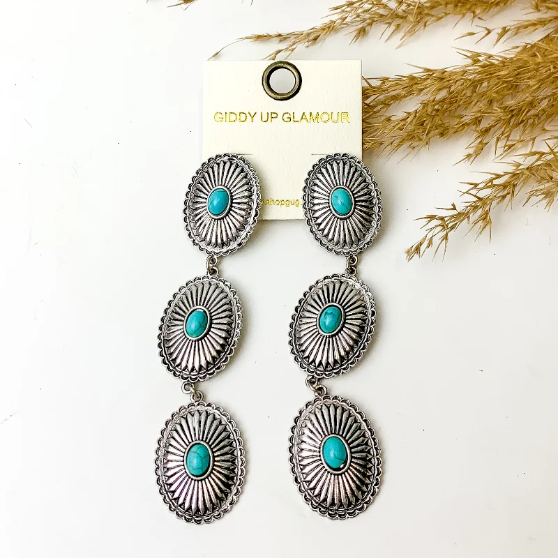 Wedding Earrings-Concho Drop Earrings with Turquoise Stones in Silver Tone