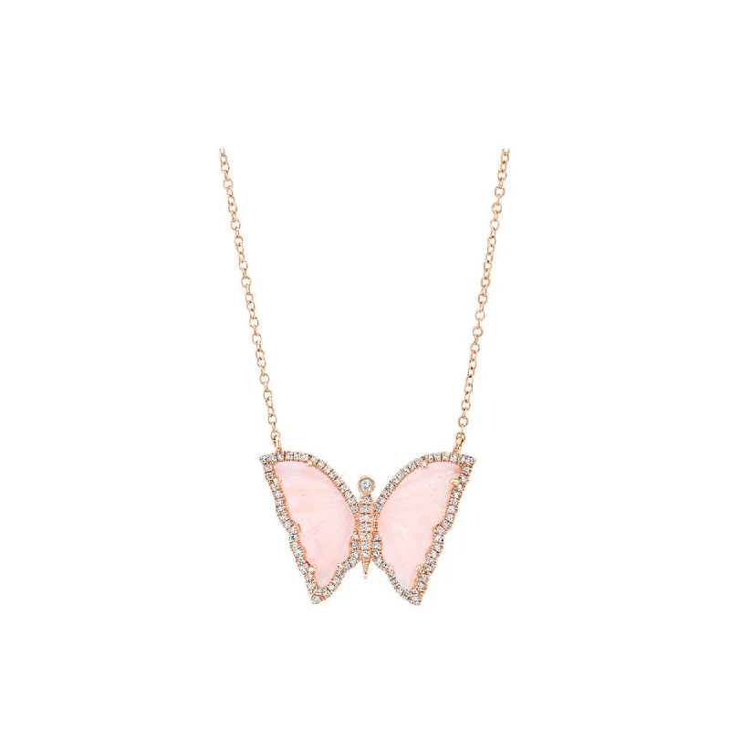 Vine motif necklaces-Name Necklaces-14k Rose Gold Diamond Pave and Pink Opal Butterfly Necklace