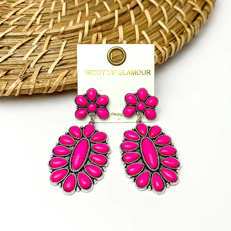 Omega Back Earrings-Hot Pink Stone Oval Flower Earrings