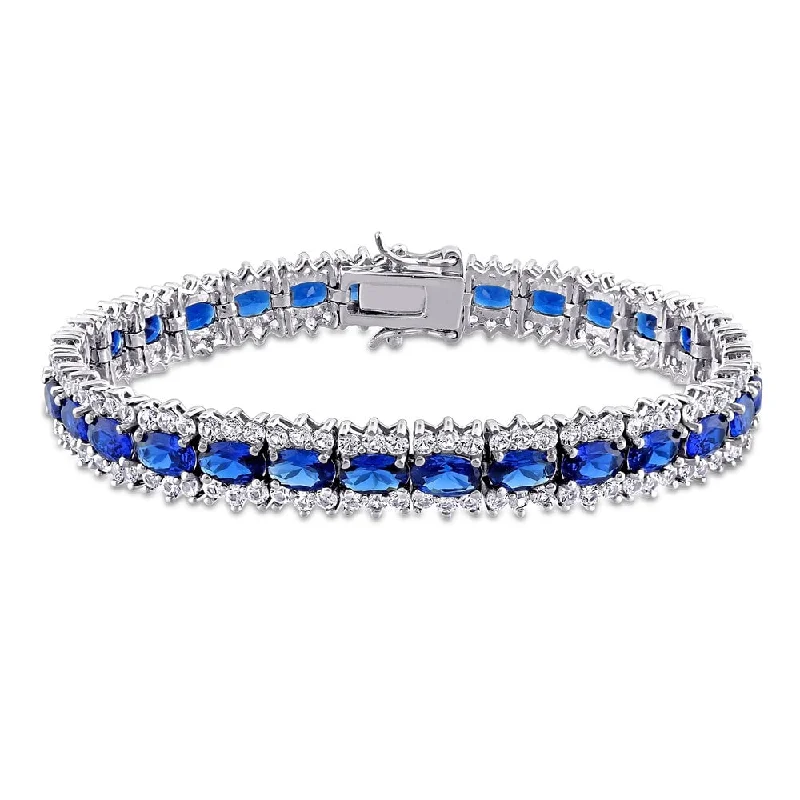 Chunky gem bangles-Charm Rings-Miadora Sterling Silver Created Blue and White Sapphire Halo Tennis Bracelet