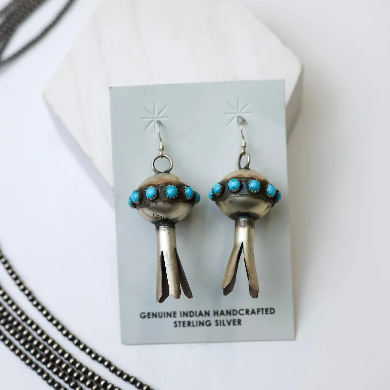 Custom Earrings-Monica Smith | Navajo Handmade Etched Sterling Silver Blossom Earrings with Kingman Turquoise