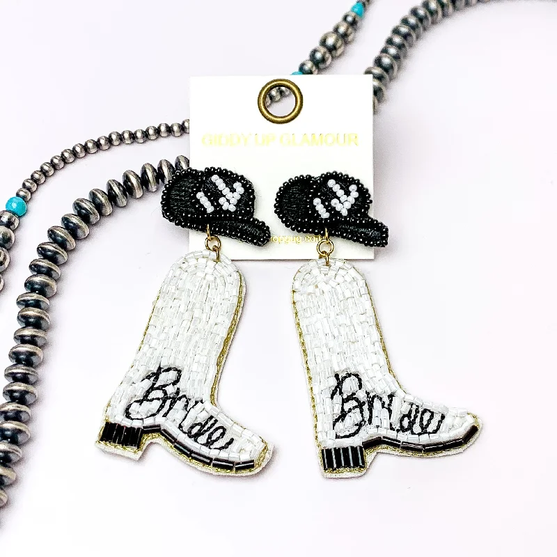 Hip Hop Earrings-Bride Beaded White Cowboy Boot Earrings with Black Hat Studs