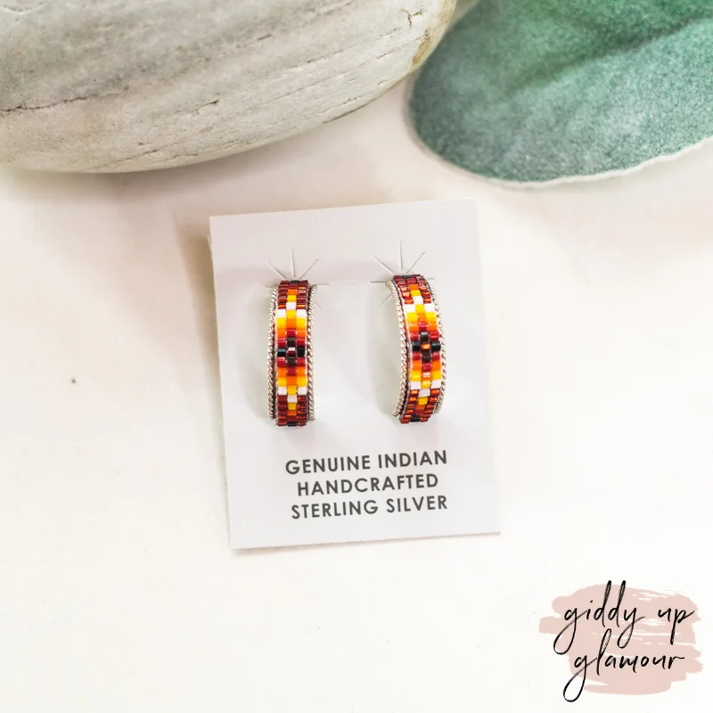 Flower Earrings-Navajo | Navajo Handmade Small Multi Colored Aztec Beaded Hoop Earrings in Maroon #2