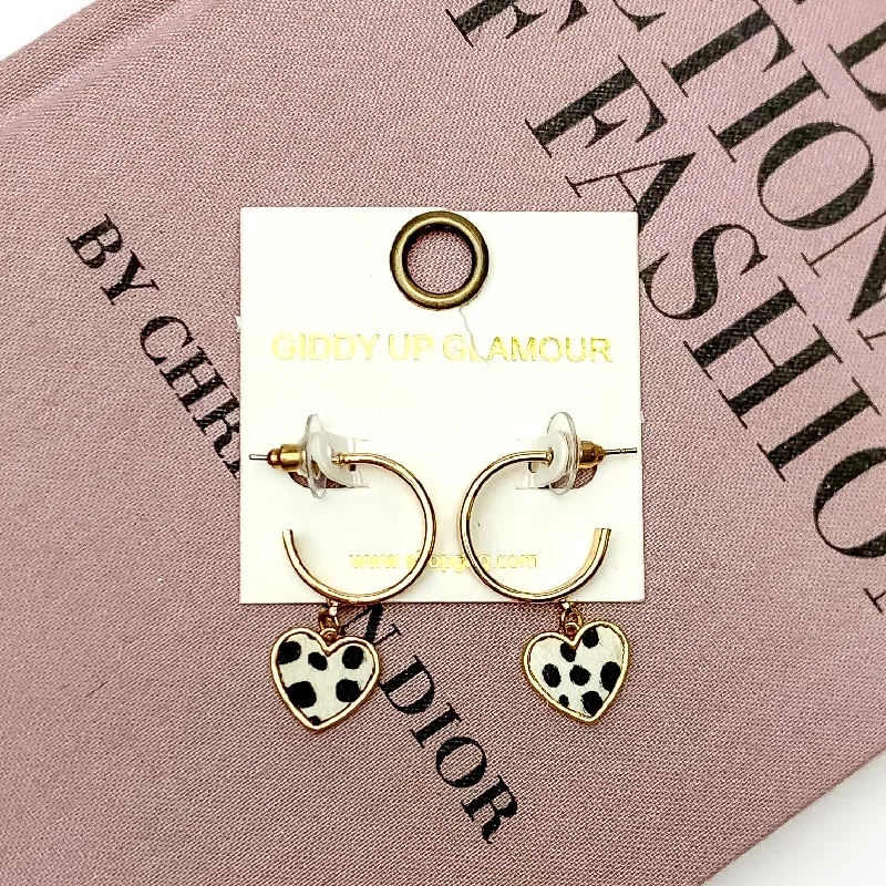 Wedding Earrings-Gold Tone Hoop Earrings with Heart Dangle in White Dotted Print