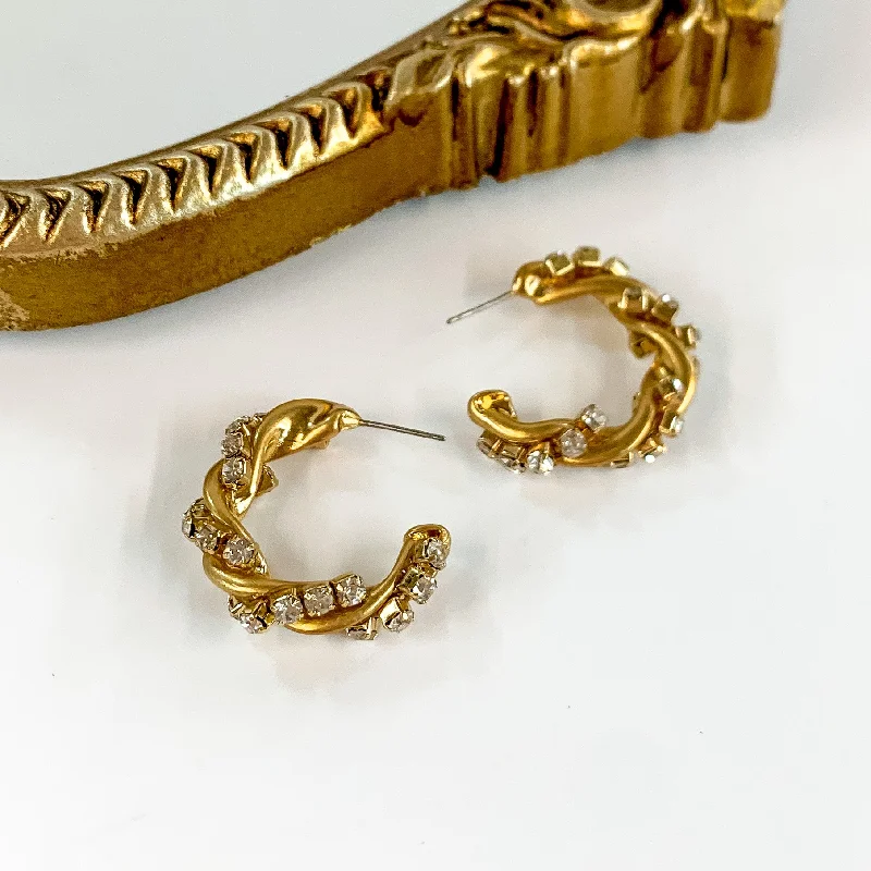 Arrow Earrings-Gold Tone Twisted Hoop Earrings with Clear Crystals