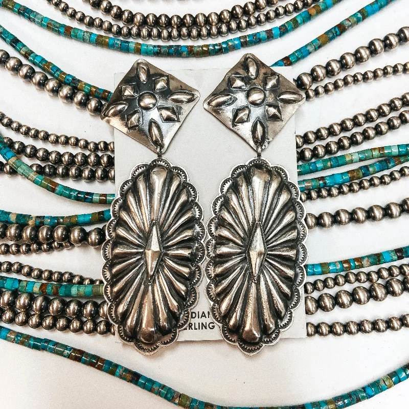 Fantasy Earrings-Richard Begay | Navajo Handmade Sterling Silver Diamond Post Earrings with Oval Drop