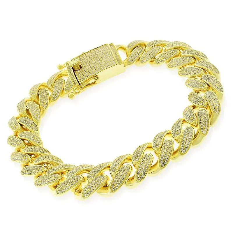 Surf theme bangles-Heavy Bangles-Sterling Silver 14mm Iced Out CZ Miami Cuban Solid 925 Yellow Gold Bling Bracelet Chain 9"