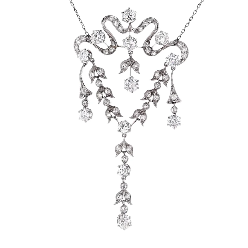 Linked chain necklaces-King Necklaces-Estate Platinum Freeform Ribbon/Flower Design Diamond Necklace