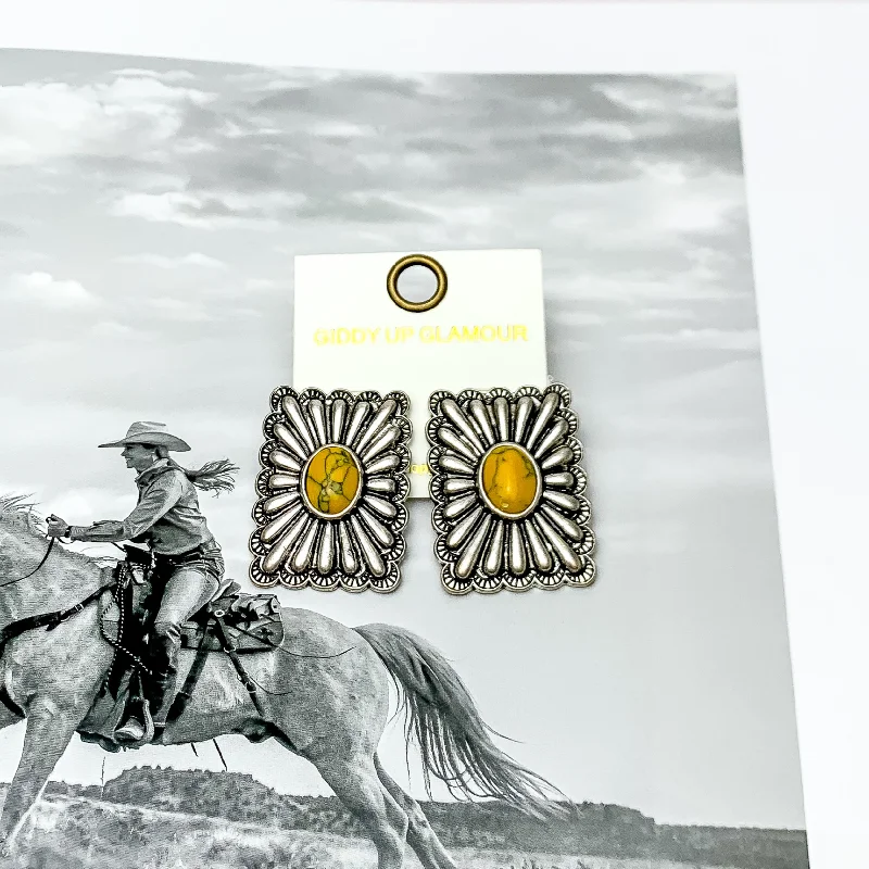 Queen Earrings-Western Flare Silver Tone Rectangle Earrings With Stone in Yellow