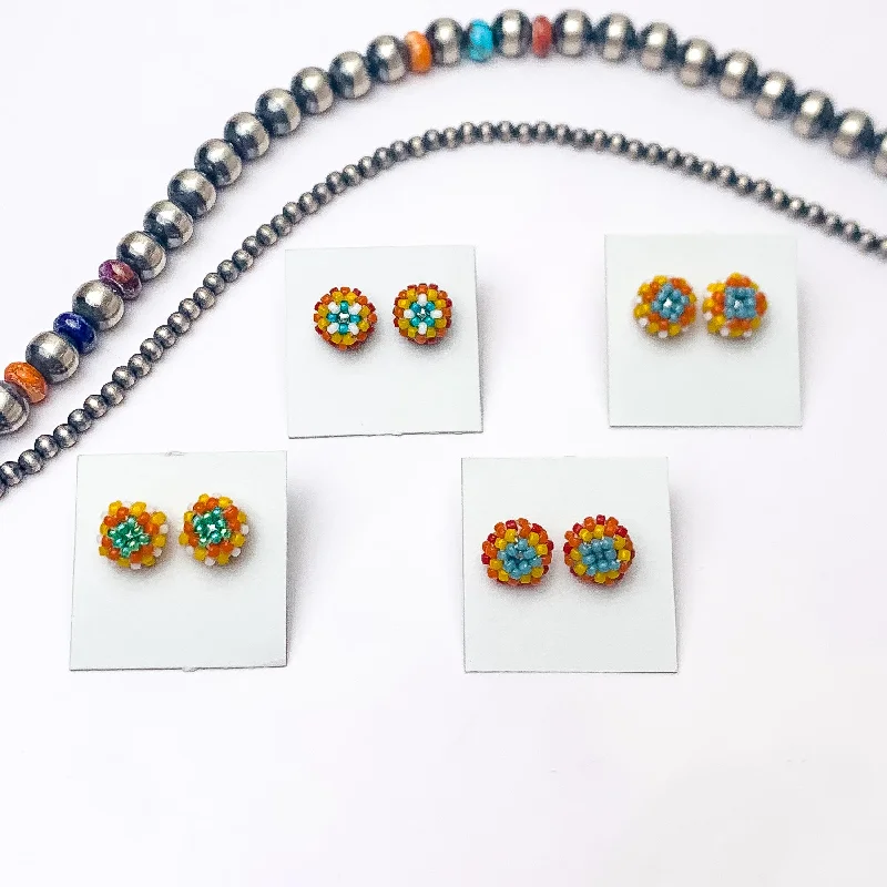 Historical Earrings-Navajo | Navajo Handmade Beaded Stud Earrings in Turquoise, Yellow, and Red