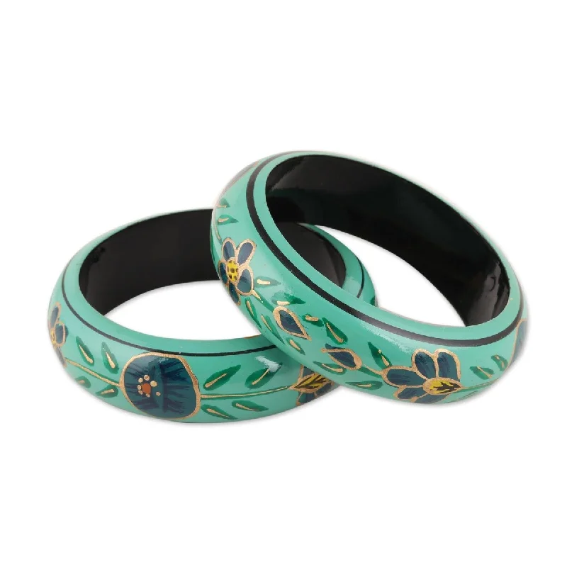 Twig weave bangles-Statement Bangles-NOVICA Floral Viridian, Wood bangle bracelets (pair)