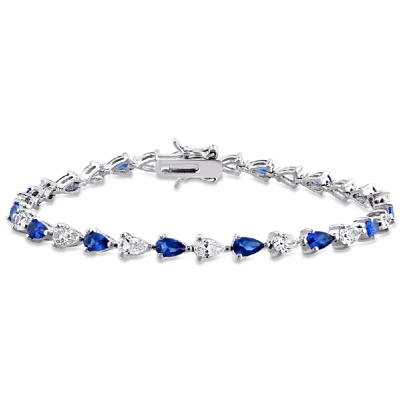 Ruby gem bangles-Customizable Bangles-Miadora Sterling Silver Pear-cut Created Blue and White Sapphire Tennis Bracelet