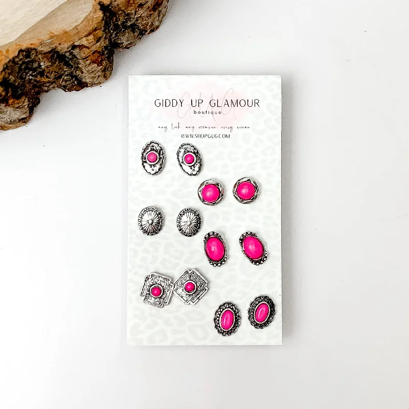 Space Earrings-Set Of Six | Western Small Fuchsia Pink Stones and Silver Tone Stud Earrings