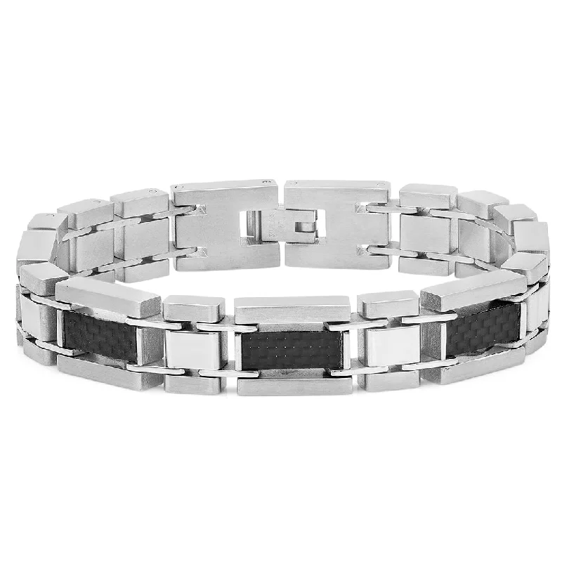 Sleek art bangles-Anniversary Rings-Oxford Ivy Mens Stainless Steel and Carbon Fiber Link Bracelet