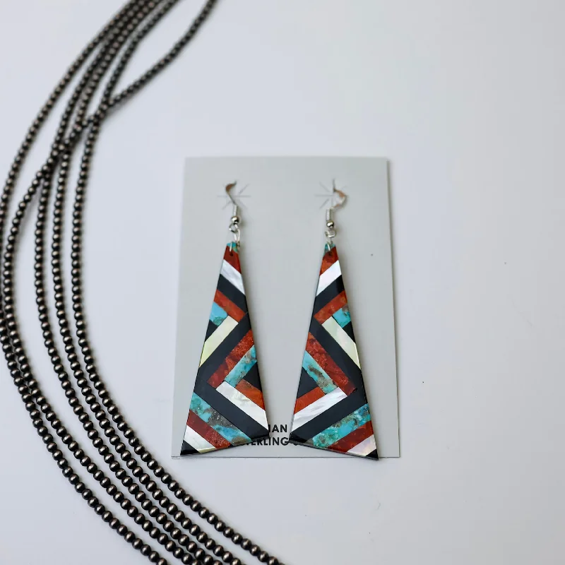 Ear Cuff Earrings-Navajo | Navajo Handmade Turquoise, Opal, Red Orange Spiny Oyster and Onyx Geometric Design Slab Earrings