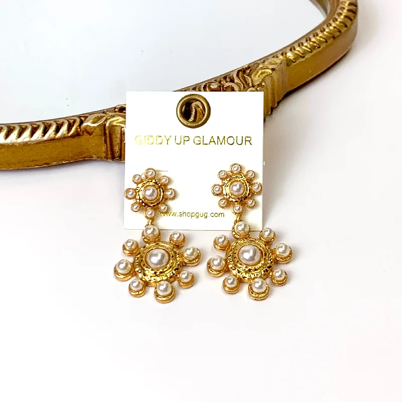 Birthstone Earrings-Gold Tone Pearl Flower Drop Earrings