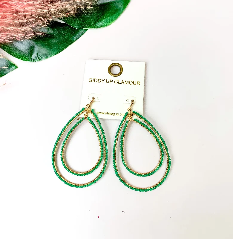 Push-Back Earrings-Double Open Teardrop Gold Tone Earrings with Beaded Outline in Green