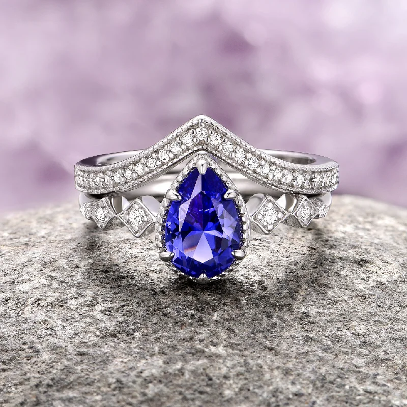 Square gem engagement rings-Layered metal earrings-Infinity Engagement Rings-Vintage Tanzanite Ring Set- 14K White Gold