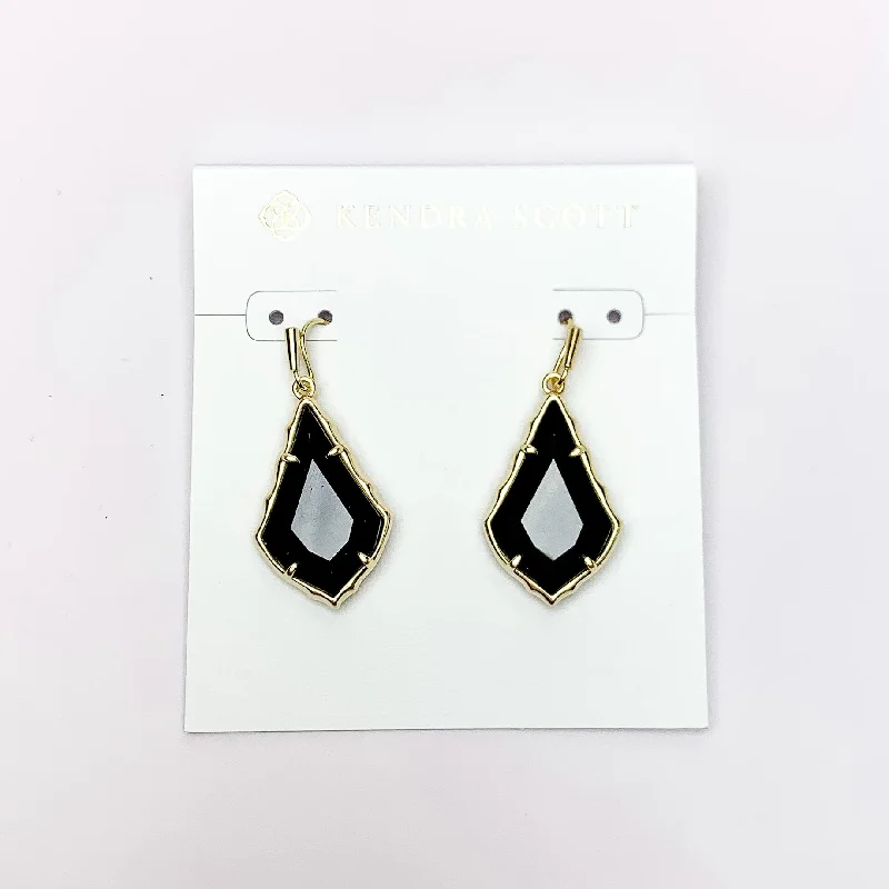 Bohemian Earrings-Kendra Scott | Small Faceted Alex Gold Drop Earrings in Black Opaque Glass