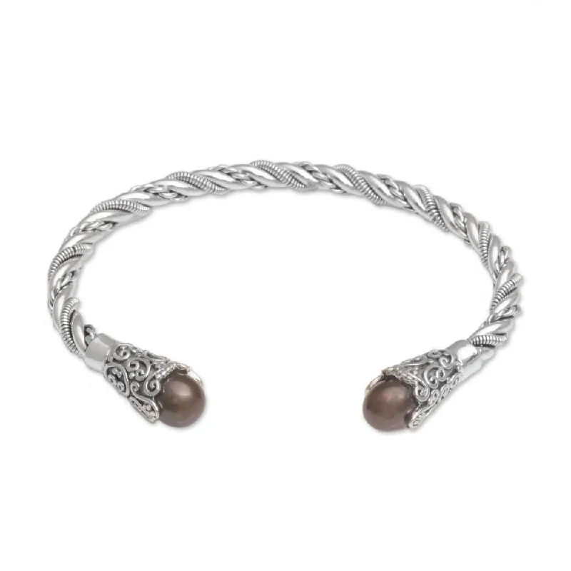 Worn cameo bangles-Square Rings-Handmade Sterling Silver 'Jepun Seeds in Brown' Cultured Pearl Cuff Bracelet (Indonesia)