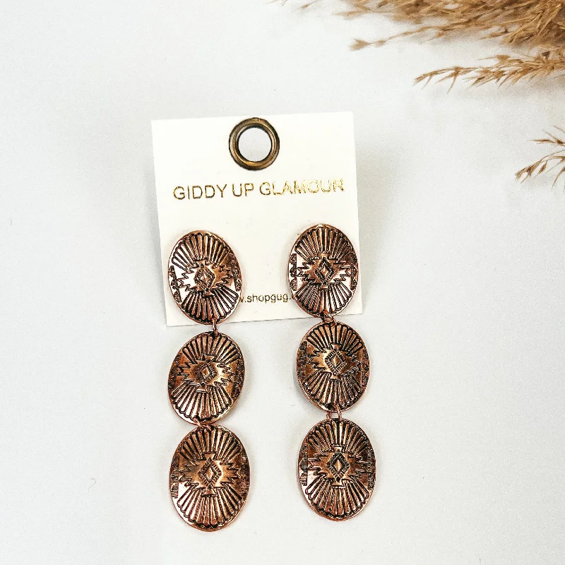 Hip Hop Earrings-Western Design Concho Drop Earrings in Copper Tone