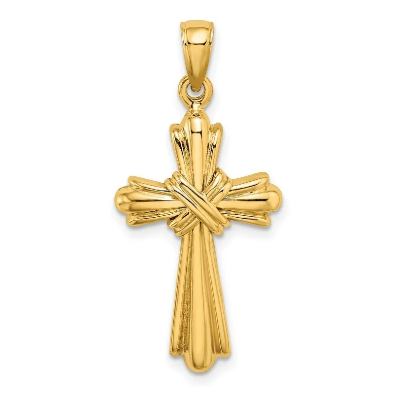 Spring clasp necklaces-Dragon Necklaces-Curata 14k Yellow Gold Ribbed Flared Religious Cross Necklace 18.6mm x 33mm