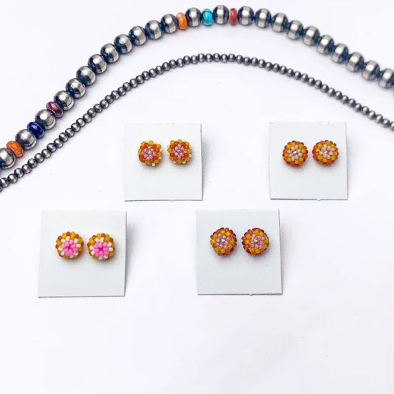 Bridal Earrings-Navajo | Navajo Handmade Beaded Stud Earrings in Pink, Yellow, and Orange