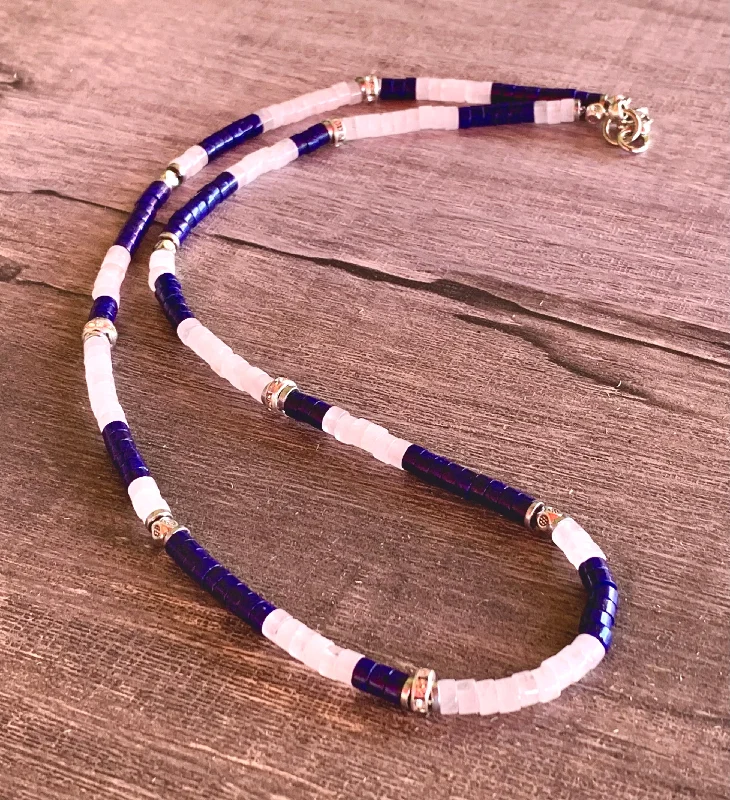 Hope eye necklaces-Affordable Necklaces-Monty Handmade Lapis Lazuli, Moonstone and Silver Plated Hematite 21" Necklace.