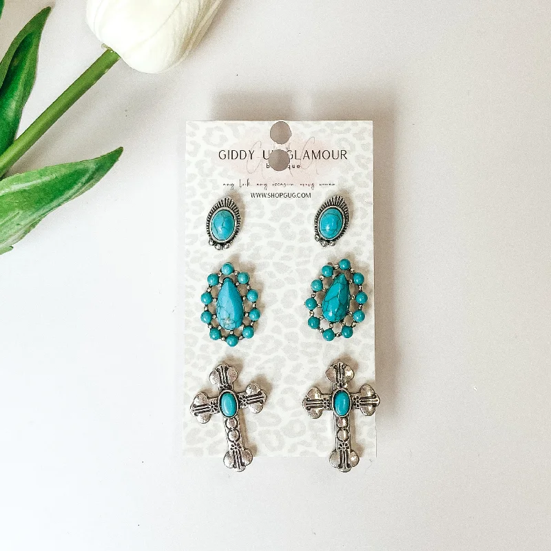 Animal Earrings-Set Of Three | Multiple Turquoise and Silver Tone Stud Earrings