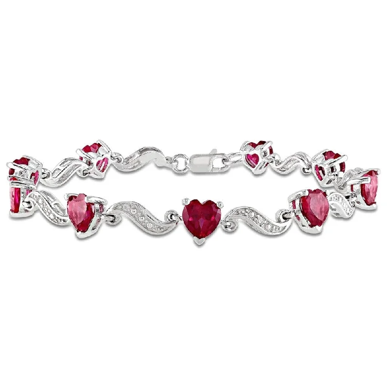 Glittering crystal bangles-Casual Bangles-Miadora Sterling Silver Created Ruby and Diamond Accent Heart Bracelet