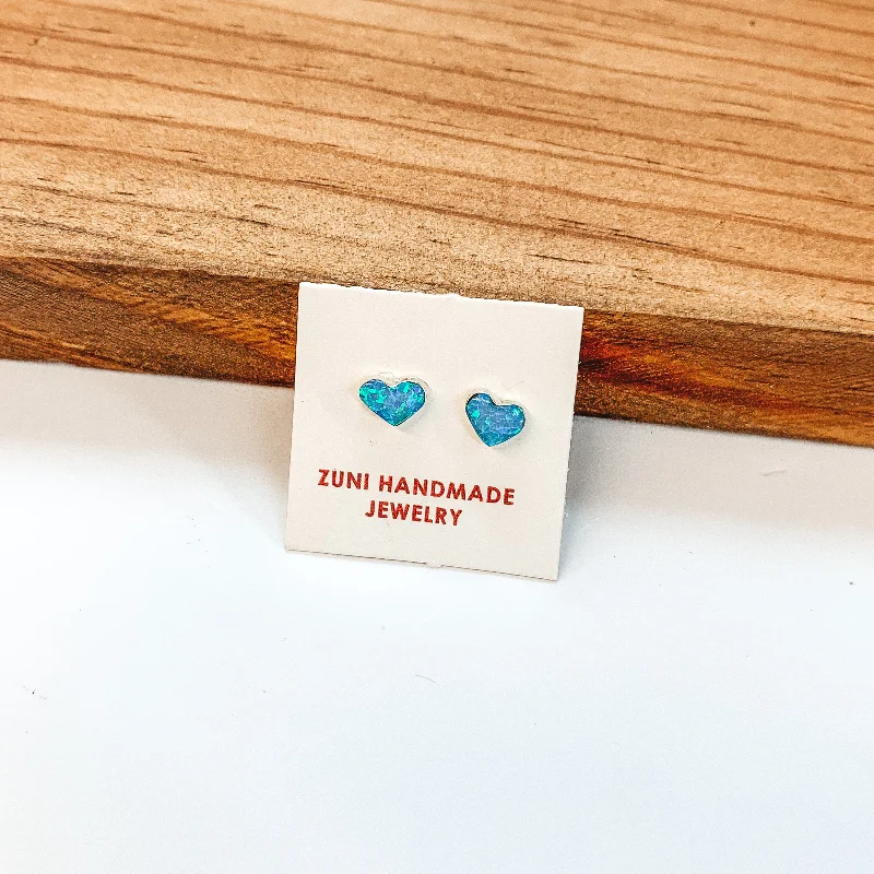 Engraved Earrings-Angie Rosetta | Zuni Handmade Sterling Silver Heart Stud Earrings in Blue Opal