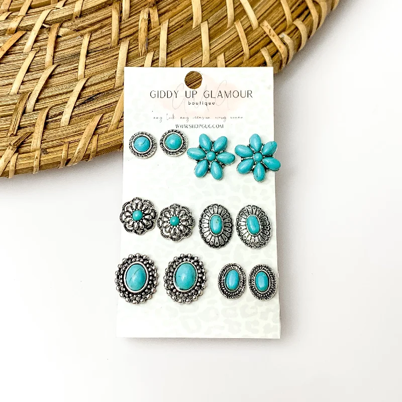 Birthstone Earrings-Set of Six Earrings | Turquoise and Silver Tone Designed Stud Earrings