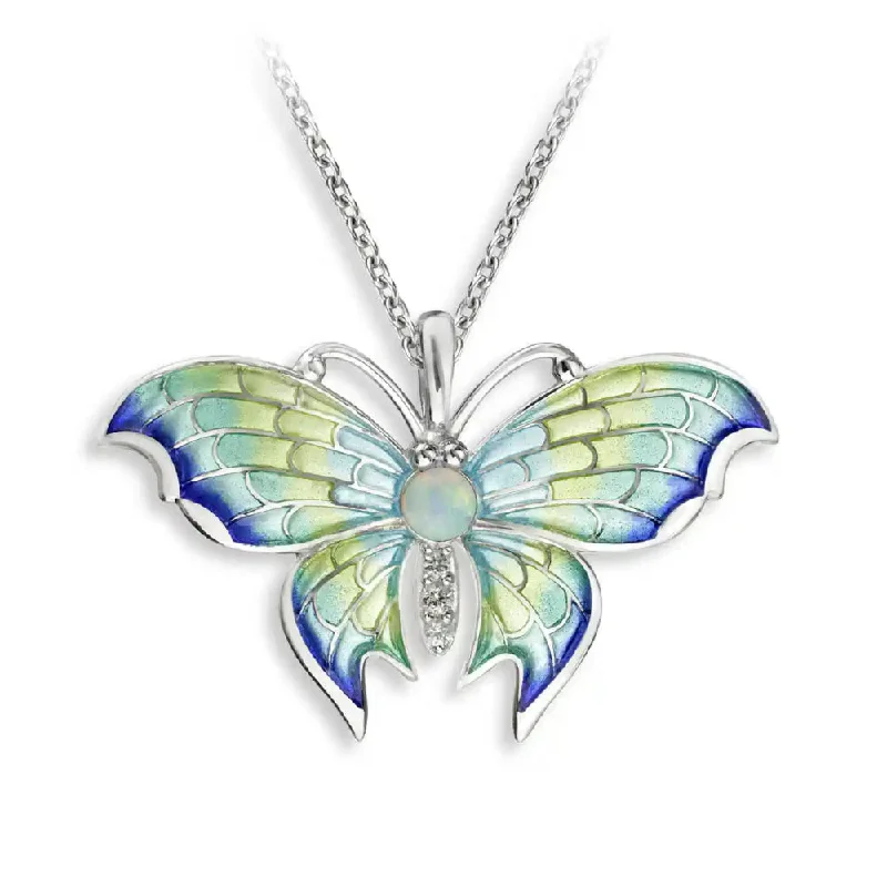 Flat shape necklaces-Bird Necklaces-Nicole Barr Blue Plique-a-Jour Opal & White Sapphire Butterfly Necklace