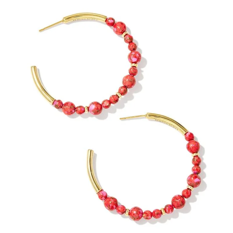 Moon Earrings-Kendra Scott | Jovie Gold Beaded Hoop Earrings in Bronze Veined Red and Fuchsia Magnesite