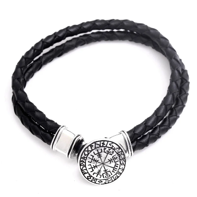 Fine cord bangles-Space Rings-NOVICA Runic Compass, Men's sterling silver and leather bracelet