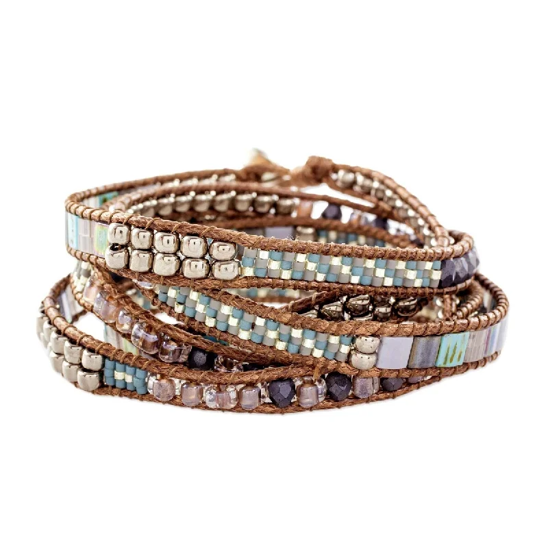 Square gem bangles-Lightweight Rings-NOVICA Beachcomber, Glass beaded wrap bracelet