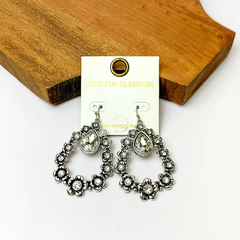 Designer Earrings-Silver tone Open Drop Flower Earrings with Clear Crystals