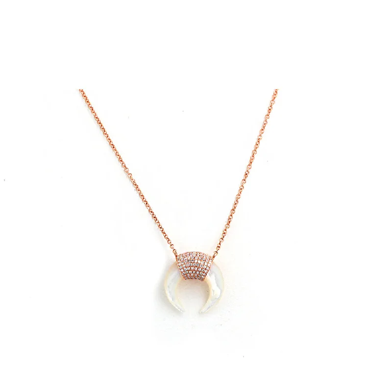 Thin filigree necklaces-Monogram Necklaces-14k Rose Gold, Mother of Pearl and Diamond Pave Horn Necklace