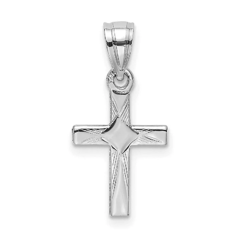 Strong clasp necklaces-Ethnic Necklaces-Curata 14k White Gold Mini Engraved Cross With Diamond Shape Center Necklace 10mmx17mm