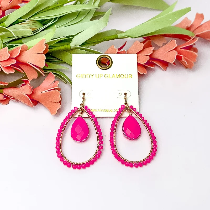 Luxury Earrings-Pink Stone Inside Open Beaded Teardrop Earrings with Gold Tone Outline