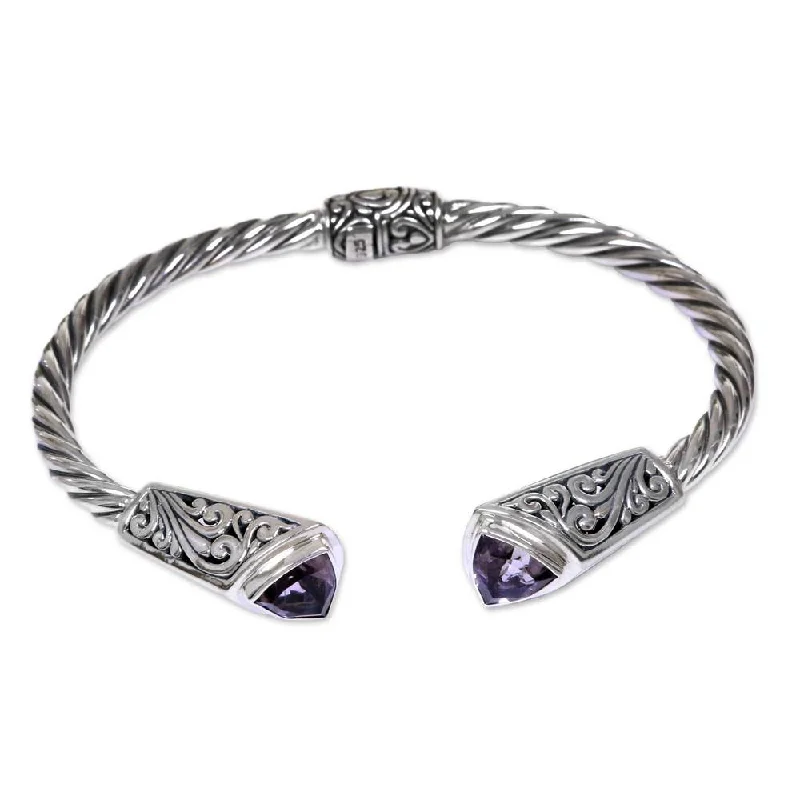 Bead-twisted bangles-Luxury Rings-Handmade Sterling Silver 'Sukawati Triangle in Purple' Amethyst Bracelet (Indonesia)