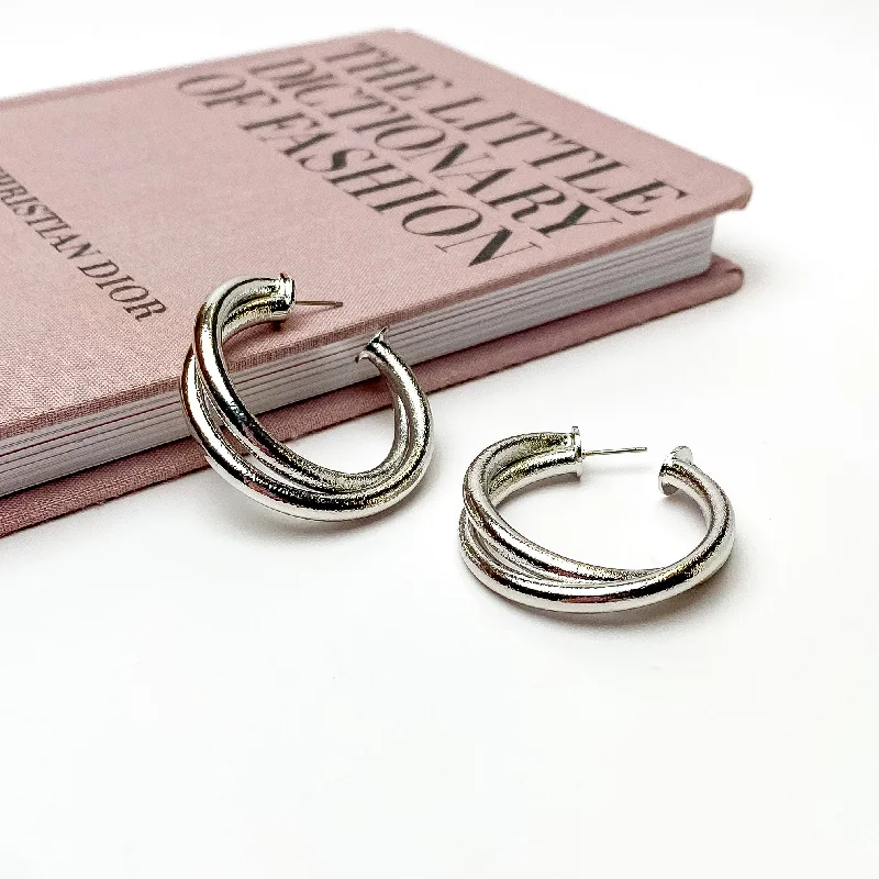 Celestial Earrings-Twisted Hoop Earrings in Textured Silver Tone