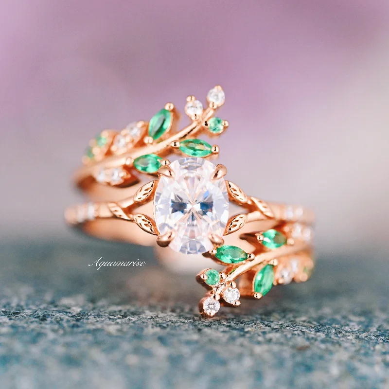 Oval gem engagement rings-Cool wood earrings-Designer Engagement Rings-Diamond (cz) & Emerald Leaf Fairy Ring- 14K Rose Gold Vermeil