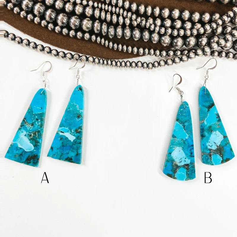 Jacket Earrings-Navajo | Navajo Handmade Long Trapezoidal Turquoise Slab Earrings on Sterling Silver Fishhook