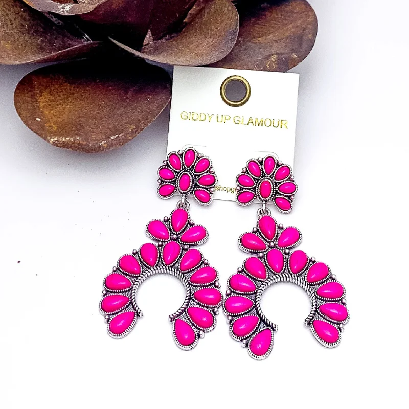 Sun Earrings-Western Naja Earrings in Silver Tone with Fuchsia Pink Stones