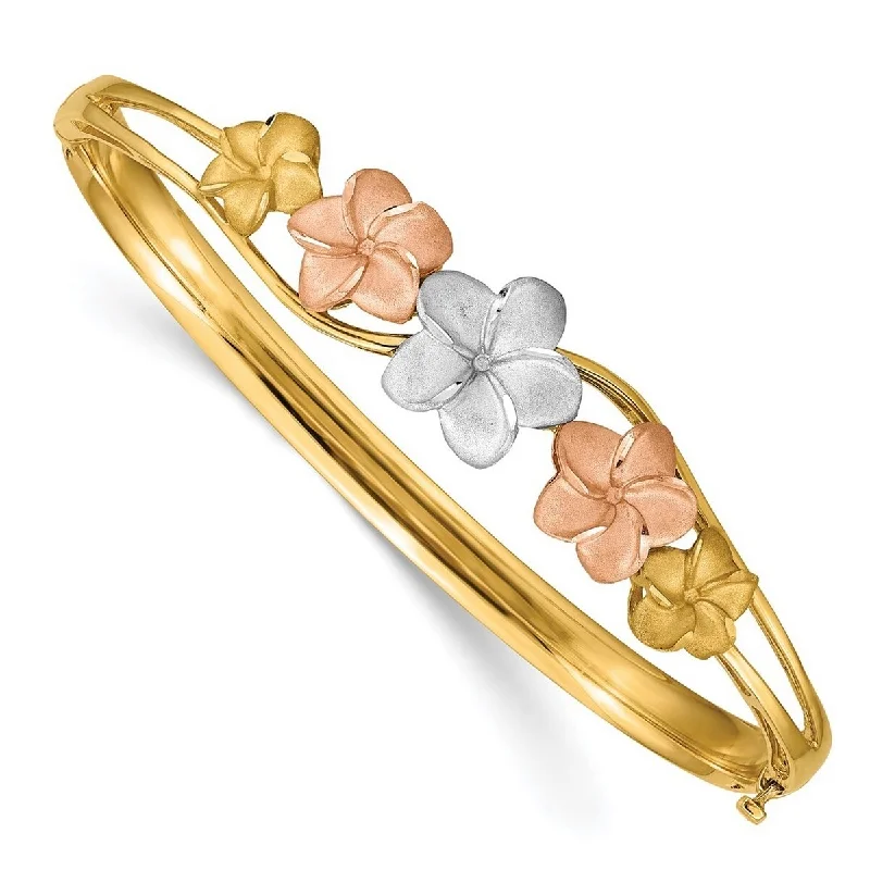 Solid gold bangles-Arrow Rings-Curata 14k Tri Color Gold Plumeria Cuff Stackable Bangle Bracelet